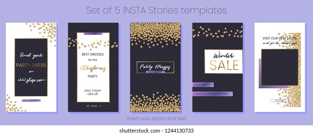 Editable Stories vector template pack. Social media frames with golden texture and sequins. Layout for business stories: fashion, interior design, photographer, blogger ets.