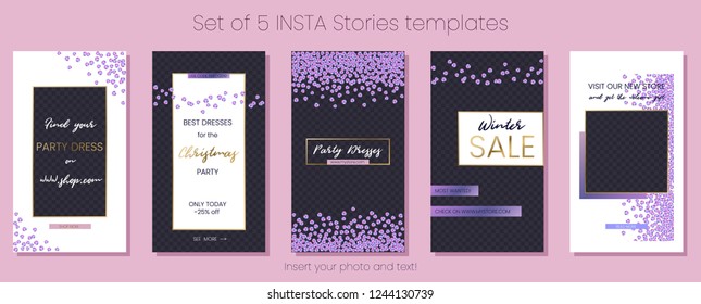 Editable Stories vector template pack. Social media frames with golden texture and sequins. Layout for business stories: fashion, interior design, photographer, blogger ets.