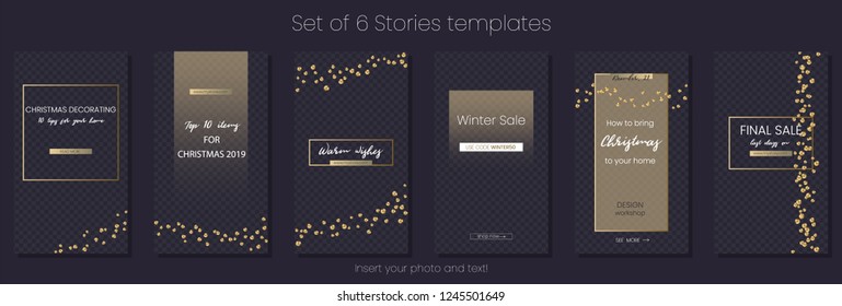 Editable Stories vector template pack. Social media frames with golden overlays, sequins. Mockup for business stories: fashion, interior design, photographer, blogger ets.