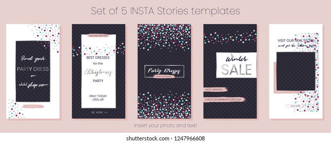 Editable Stories vector template pack. Social media frames. Layout for fashion business story: new arrival, new collection, sale, store announcement