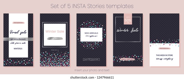 Editable Stories vector template pack. Social media frames. Layout for business story: new arrival, new collection, sale, store announcement