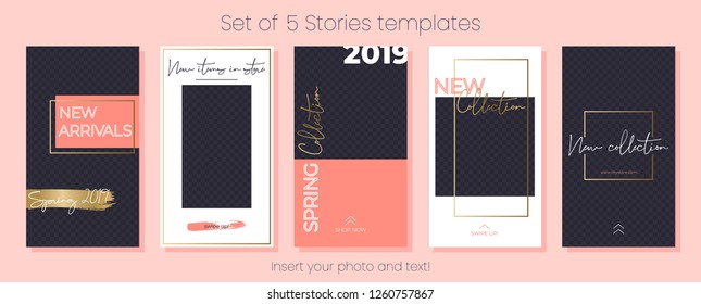 Editable Stories vector template pack. Spring Collection 2019. Set of social media frames. Layout for business story (fashion, beauty, ets.): new arrival, new collection, sale, announcement.