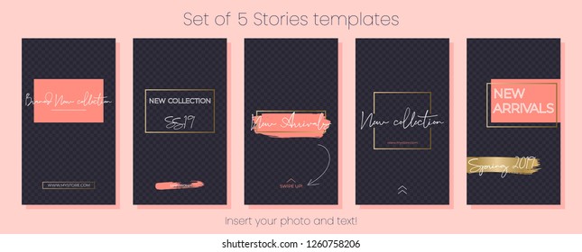 Editable Stories vector template pack. Spring 2019 living coral social media frames. Layout for business story: new arrival, new collection, sale, store announcement. For fashion, bea