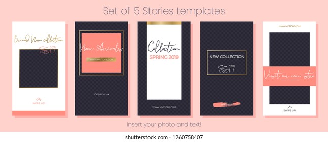 Editable Stories vector template pack. Living coral 2019 social media frames. Layout for business story: fashion, beauty, ets. New arrival, spring collection, sale, announcement, promotion