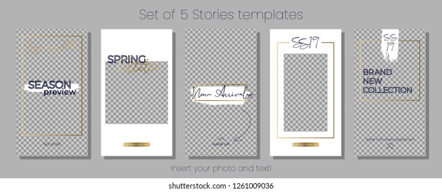 Editable Stories vector template pack. Spring 2019 social media frames. White and gold Layout for business story (fashion, beauty ets.): new arrival, new collection, sale, announcement.