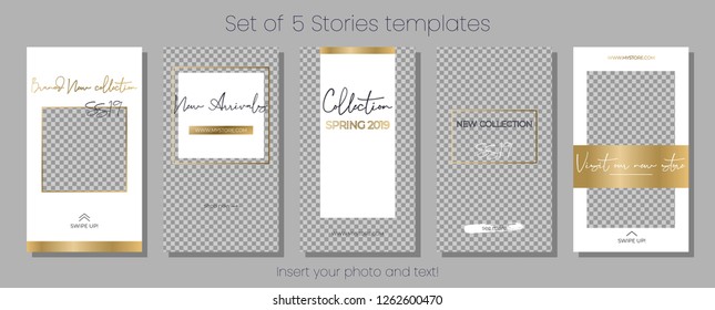 Editable Stories Vector Template Pack. Spring 2019 Social Media Frames. White And Gold Layout For Business Story (fashion, Beauty Ets.): New Arrival, New Collection, Sale, Announcement.