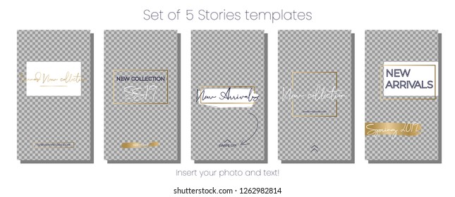 Editable Stories vector template pack. Spring 2019 social media frames. White and gold Layout for business story (fashion, beauty ets.): new arrival, new collection, sale, announcement.