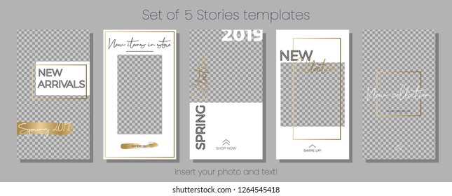 Editable Stories vector template pack. Spring 2019 social media frames. White and gold Layout for business story (fashion, beauty ets.): new arrival, new collection, sale, announcement.