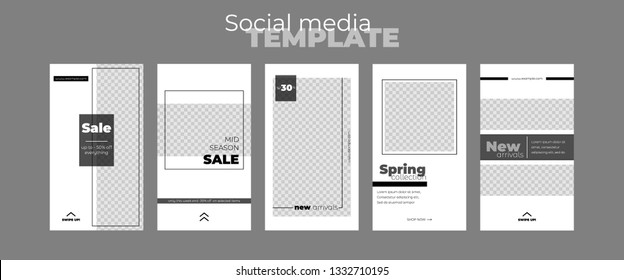 Editable stories vector templates pack for business accounts. Set of social media layouts minimalist design. Black and white story template: new arrival, new collection, sale.