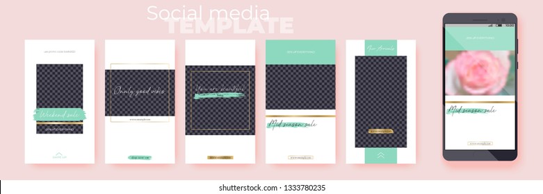 Editable Stories vector templates pack for corporate accounts. Set of social media layouts for business story (fashion, beauty, ets.): new arrival, new collection, sale.