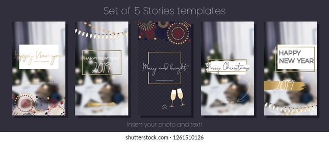 Editable Story Christmas Template Set. Social Media Winter Holiday Golden Frames. Vector Layout For Business Stories: Fashion Boutique, Interior Designer, Photographer, Beauty Store