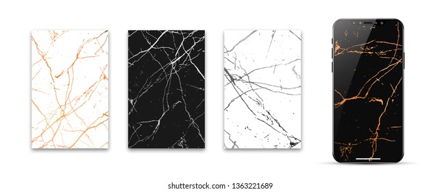 Editable story template pack with gold and marble texture. Trendy kit, social and fashion ads, promotion flyer backgrounds, vector design.