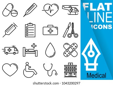 Editable stroke 70x70 pixel. Simple Set of medical vector sixteen flat line Icons with vertical blue banner - pill, thermometer, pulse, helicopter, injection, hospital , scalpel, ambulance, bed,