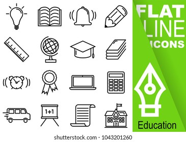 Editable stroke 70x70 pixel. Simple Set of education vector sixteen flat line Icons - bulb, workbook, bell, pencil, ruler, globe, hat, book, alarm clock, awards, notebok, calculator, bus, blackboard,