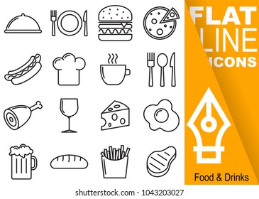 Editable stroke 70x70 pixel. Simple Set of Food and Drinks vector sixteen flat line Icons - hat, plate, burger, pizza, hot dog, cookie hat, mug, cutlery, leg, glass, cheese, egg, beer, bread, fries