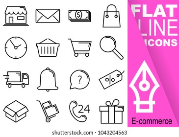 Editable stroke 70x70 pixel. Simple Set of Commerce vector flat line Icons  - shop, envelope, money, shopping bag, clock, basket, magnifying glass, transportation, bell, question, discount, promotion