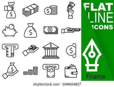 Editable stroke 70x70 pixel. Simple Set of finance vector sixteen flat line Icons with green banner - purse, banknote, coin, hand, treasury, payment, payment card, bank, slot machine, wallet, money