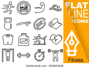 Editable stroke 70x70 pixel. Simple Set of fitness vector sixteen flat line Icons - run, muscles, swim, crank, rope, towel, weight, protein, cardio, stretches, glue, time, weight lifting