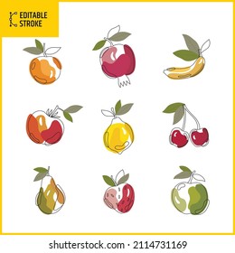 Editable stroke abstract fruit. Hand drawn illustrations. Cherry, apple, lemon, pear, banana, pomegranate, strawberry, tomato and orange. Line thickness can be changed.