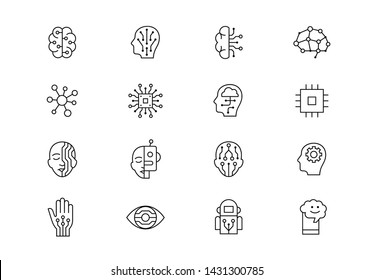 Editable stroke. AI thin line vector icon set. Artificial intelligence, cyber technologies related signs. 