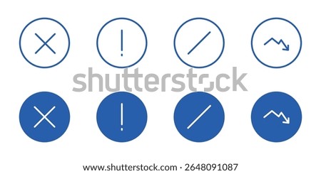 Editable Stroke Alert, Warning and Error Icon Pack. 4 outline and 4 filled Icon sets for Business Risk and Failure.