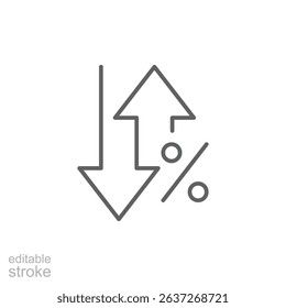 Editable Stroke Arrows Pointing Up and Down with Percent Symbol Depicting Market Swing or Dual Trend
