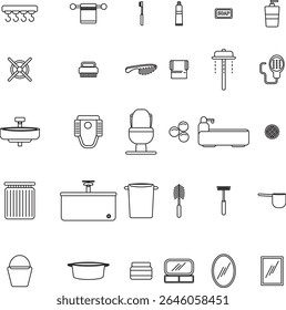 Editable stroke bathroom icon set featuring line art of hygiene items, toiletries, and fixtures. Home appliances icon set. Perfect for UI design, infographics, or interior illustrations.