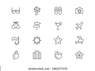 Editable stroke. Beach vacations thin line vector icons