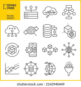 Editable stroke big data and analytics icons. Database, server, network, cloud computing vectors. Elements for web, computer, apps and mobile concept. Line thickness can be changed.