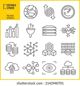 Editable stroke big data and analytics icons. Database, server, network, cloud computing vectors. Elements for web, computer, apps and mobile concept. Line thickness can be changed.