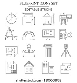 Editable stroke blueprint icons set