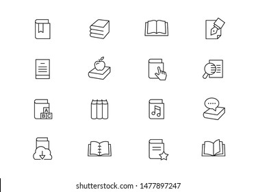 Editable stroke. Books thin line vector icon set