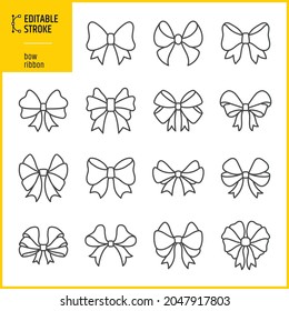 Iconos editables del arco y de la cinta. Señales vectoriales y colección de símbolos. Elementos decorativos de regalo.