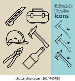 Editable Stroke Building Tools linear style icon set. Vector illustration isolated on white background. 
Include  Toolbox, Axe,  Stationery Knife, Putty Knife, Pliers, Hard hat icons
