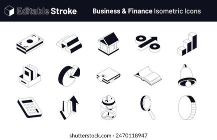 Iconos isométricos editables de negocios y finanzas. Perfecto para representar conceptos financieros y procesos de negocio. Características tales como gráficos, gráficos, símbolos de dinero