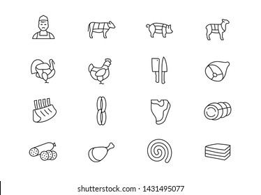 Editable Stroke. Butchery Thin Line Vector Icon Set