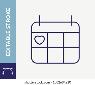 Editable Stroke Calendar Valentines Day Outline Vector Icon