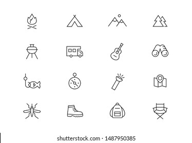 Editable stroke. Camping thin line vector icons