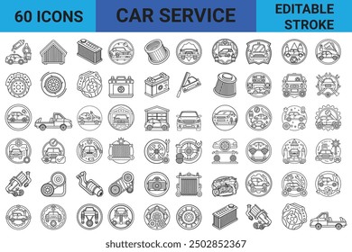 Editable Stroke Car Service Line Icons: A versatile set of line icons representing automobile, engine, servicing, battery, wiper blade, air filter  and many more. Suitable for use in digital designs.