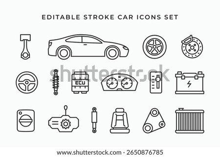 Editable stroke car spare parts icons set. Simple line art outline car symbol logo icon vector illustration
