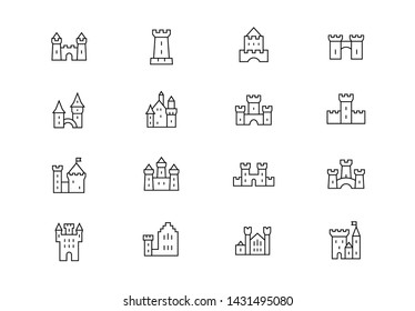 Editable stroke. Castles thin line vector icon set. Medieval fairy tale fortress emblems