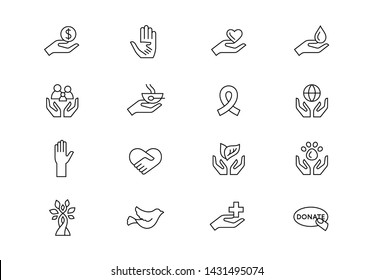 Editable stroke. Charity and donation thin line vector icon set. Volunteering and non profit symbols