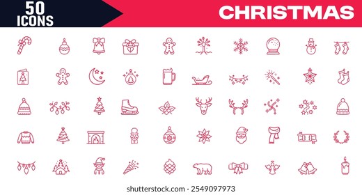 Editable Stroke Christmas Line Icons Santa Claus, Gift, Angel, Box, Bow, Bell, Christmas Tree, and More Vector Illustration on White Background