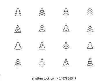 Editable stroke. Christmas tree thin line vector icons