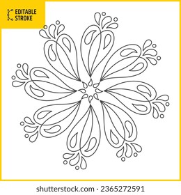 Editable stroke circle ornament. Hand drawn floral collection. Vector line design. Kaleidoscope style. Line thickness can be changed.