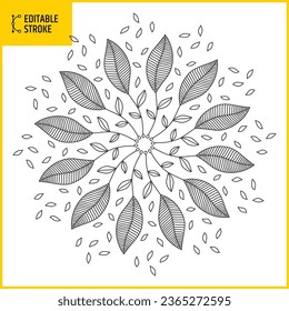 Editable stroke circle ornament. Hand drawn floral collection. Vector line design. Kaleidoscope style. Line thickness can be changed.