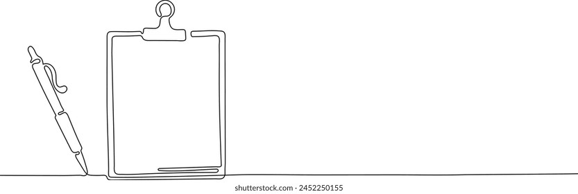 Editable stroke of Clipboard with checklist and pen in one continuous line drawing. To do list sketch and concept for test expertise and exam in simple linear style. Doodle vector illustration