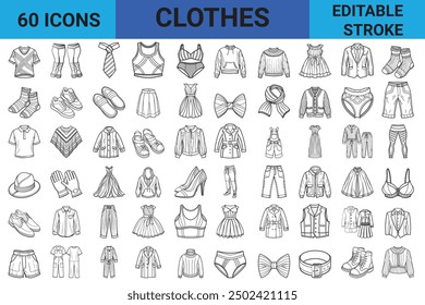 Editable Stroke Clothes Line Icons: A versatile set of line icons focused on tshirt, pants, jeans, skirts, suit and many more. Customize the line weight to fit any design style. Vector Illustration.