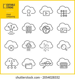 Editable stroke cloud computing and network icons. Database and cloud system vectors.