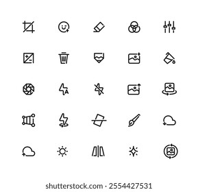 Editable Stroke Collection Of Icons For Various Functions and Features. Some Of The Icons Include camera, trash can, pencil, and paper.